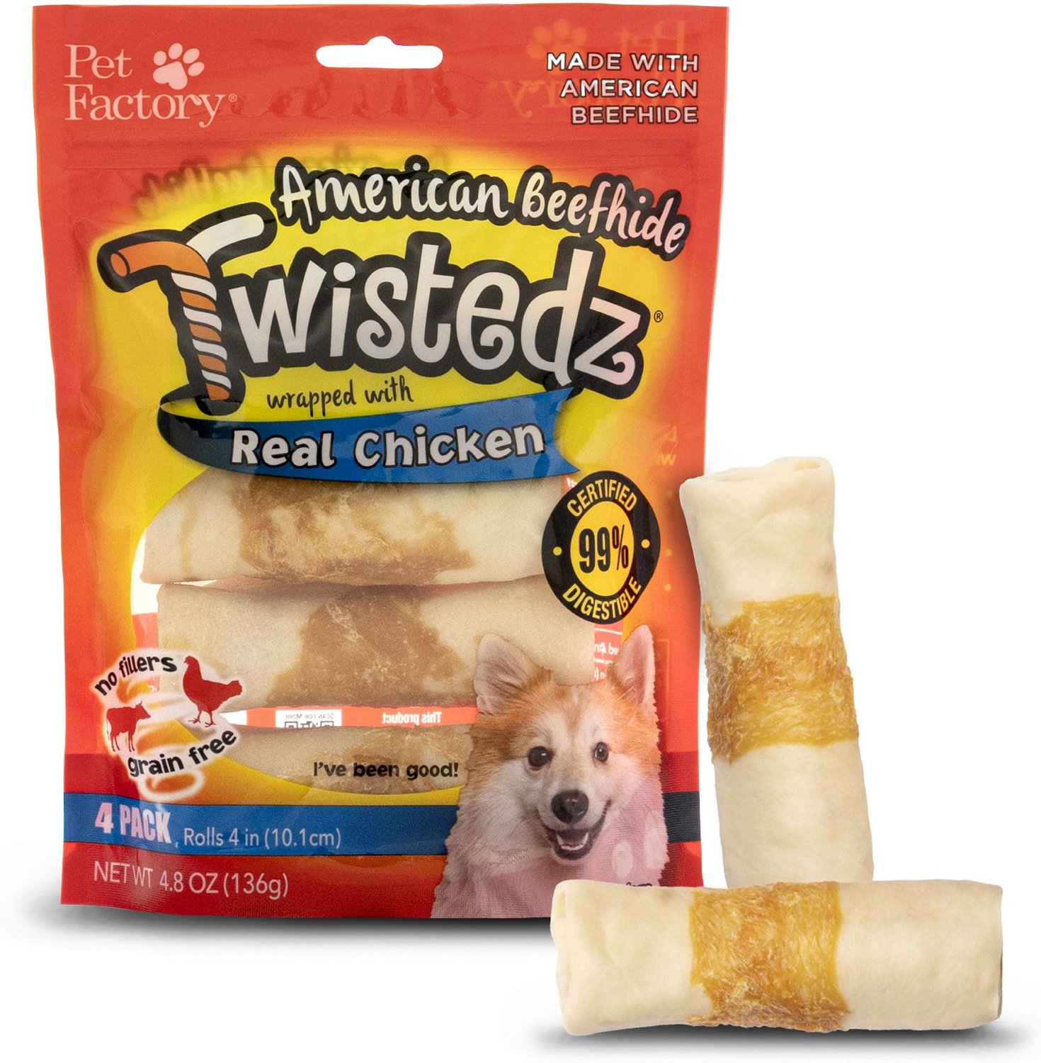 Pet Factory Twistedz 4-inch Beefhide Rolls Chicken Flavored Wrap Dog Hard Chews, 4 count