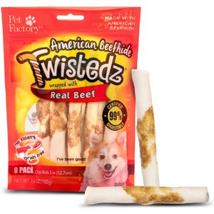 Pet Factory Twistedz 5-inch Beefhide Chip Rolls Beef Flavored Wrap Dog Hard Chews, 8 count