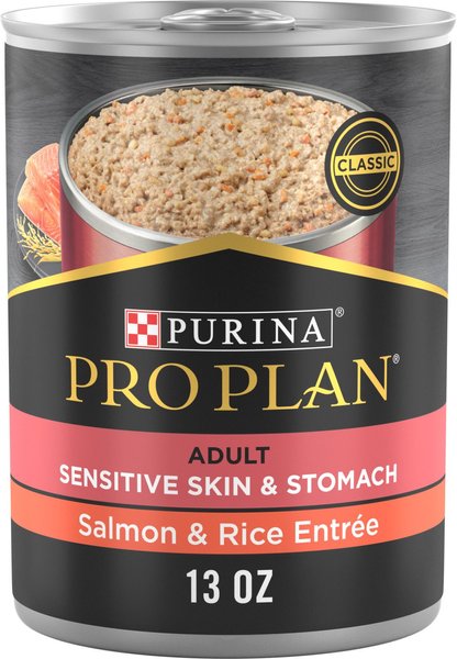 Purina Pro Plan Focus Adult Classic Sensitive Skin & Stomach Salmon & Rice Entree Canned Dog Food, 13-oz, case of 12 slide 1 of 11