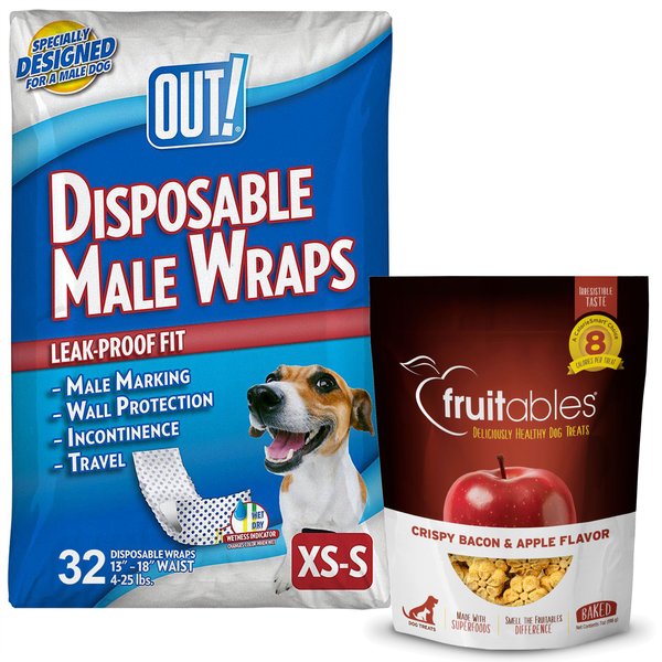 OUT! Disposable Male Dog Wraps, Extra Small/Small: 13 to 18-in waist, 32 count + Fruitables Crispy Bacon & Apple Flavor Dog Treats slide 1 of 9