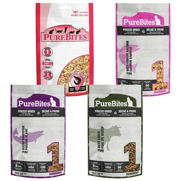 Variety Pack - PureBites Salmon Freeze-Dried Raw Cat Treats, Shrimp, Beef Liver & Ocean Whitefish Flavors slide 1 of 9