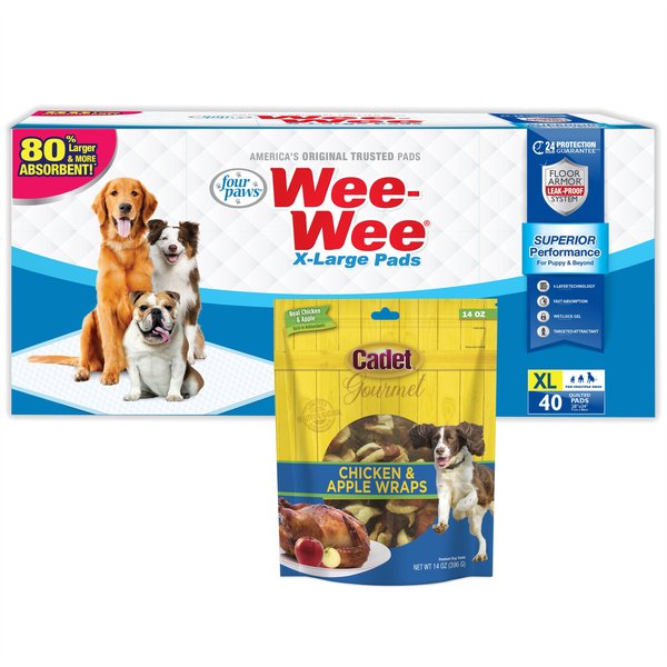 Wee-Wee Extra Large Puppy Pee Pads, 28 x 34-in, 40 count + Cadet Gourmet Chicken & Apple Wraps Dog Treats slide 1 of 9
