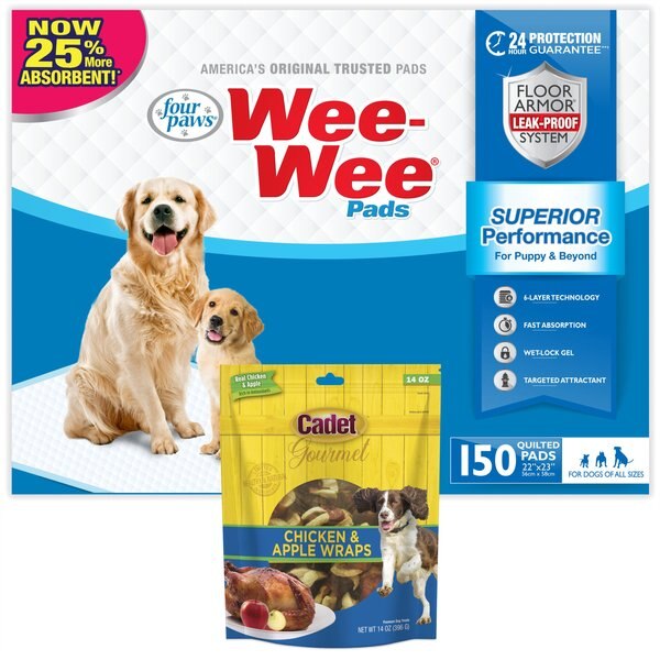 Wee-Wee Absorbent Pee Pads, 22 x 23-in, 150 count + Cadet Gourmet Chicken & Apple Wraps Dog Treats slide 1 of 9