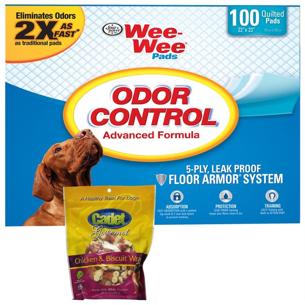 Wee-Wee Odor Control Pee Pads, 22 x 23-in, 100 count + Cadet Gourmet Chicken & Biscuit Wraps Dog Treats slide 1 of 9