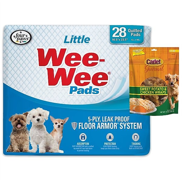 Wee-Wee Little Pee Pads 16.5 x 23.5-in, 28 count + Cadet Gourmet Sweet Potato & Chicken Wrapped Dog Treats slide 1 of 9