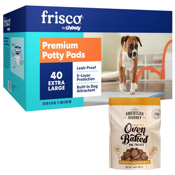 Frisco Extra Large Training & Potty Pads, 28 x 34-in, 40 count + American Journey Peanut Butter Recipe Dog Treats slide 1 of 9