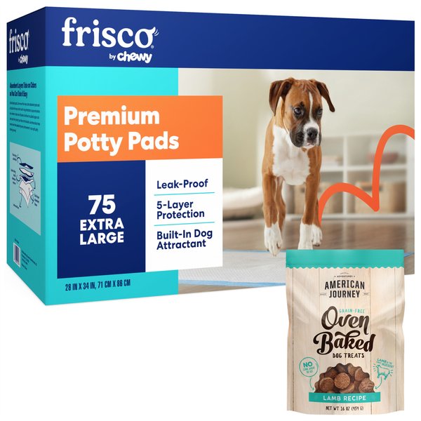 Frisco Extra Large Training & Potty Pads, 28 x 34-in, 75 count + American Journey Lamb Recipe Dog Treats slide 1 of 9