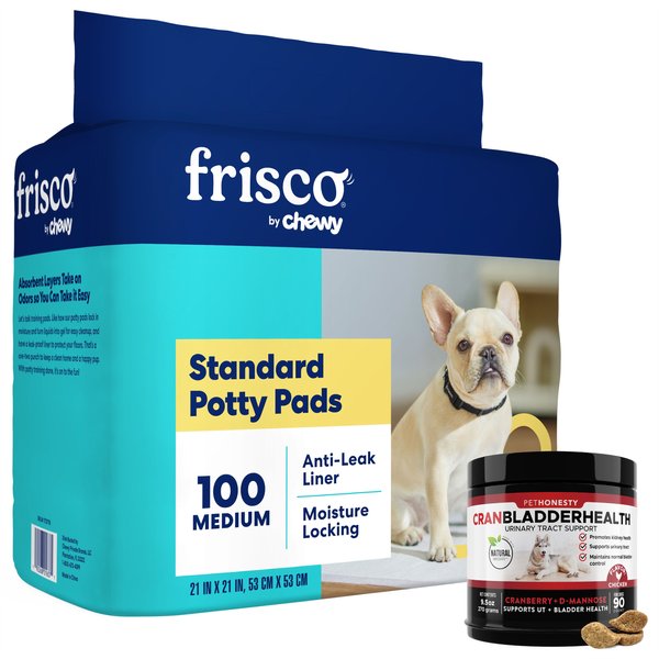 Frisco Training & Potty Pads 21 x 21-in, 100 count + PetHonesty CranBladder Health Chicken Flavored Soft Chews Urinary Supplement for Dogs, 90 count slide 1 of 9
