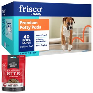 Frisco Extra Large Training & Potty Pads, 28 x 34-in, 40 count + American Journey Beef Recipe Dog Treats