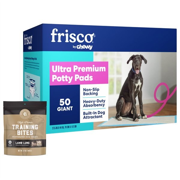 Frisco Giant Non-Skid Ultra Premium Training & Potty Pads, 27.5 x 44-in, 50 count + Bones & Chews Lamb Lung Training Bites Dehydrated Dog Treats slide 1 of 9