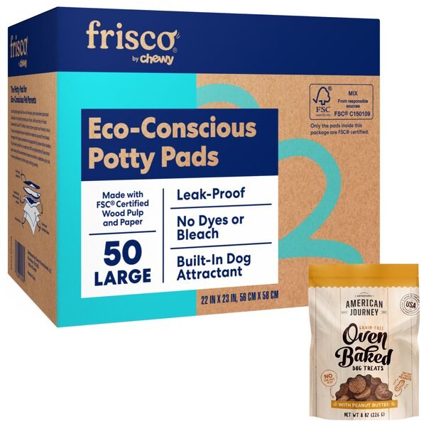 Frisco Eco-Conscious Training & Potty Pads, 22 x 23-in, 50 count + American Journey Peanut Butter Recipe Dog Treats slide 1 of 9