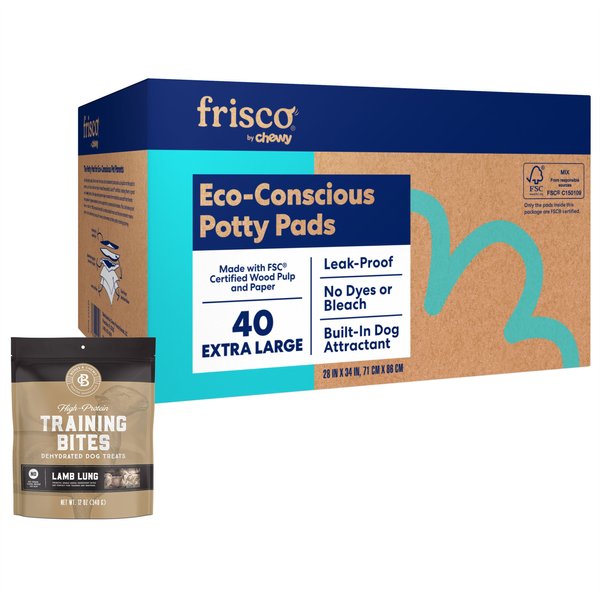 Frisco Eco-Conscious Training & Potty Pads, 28 x 34-in, 40 count + Bones & Chews Lamb Lung Training Bites Dehydrated Dog Treats slide 1 of 9