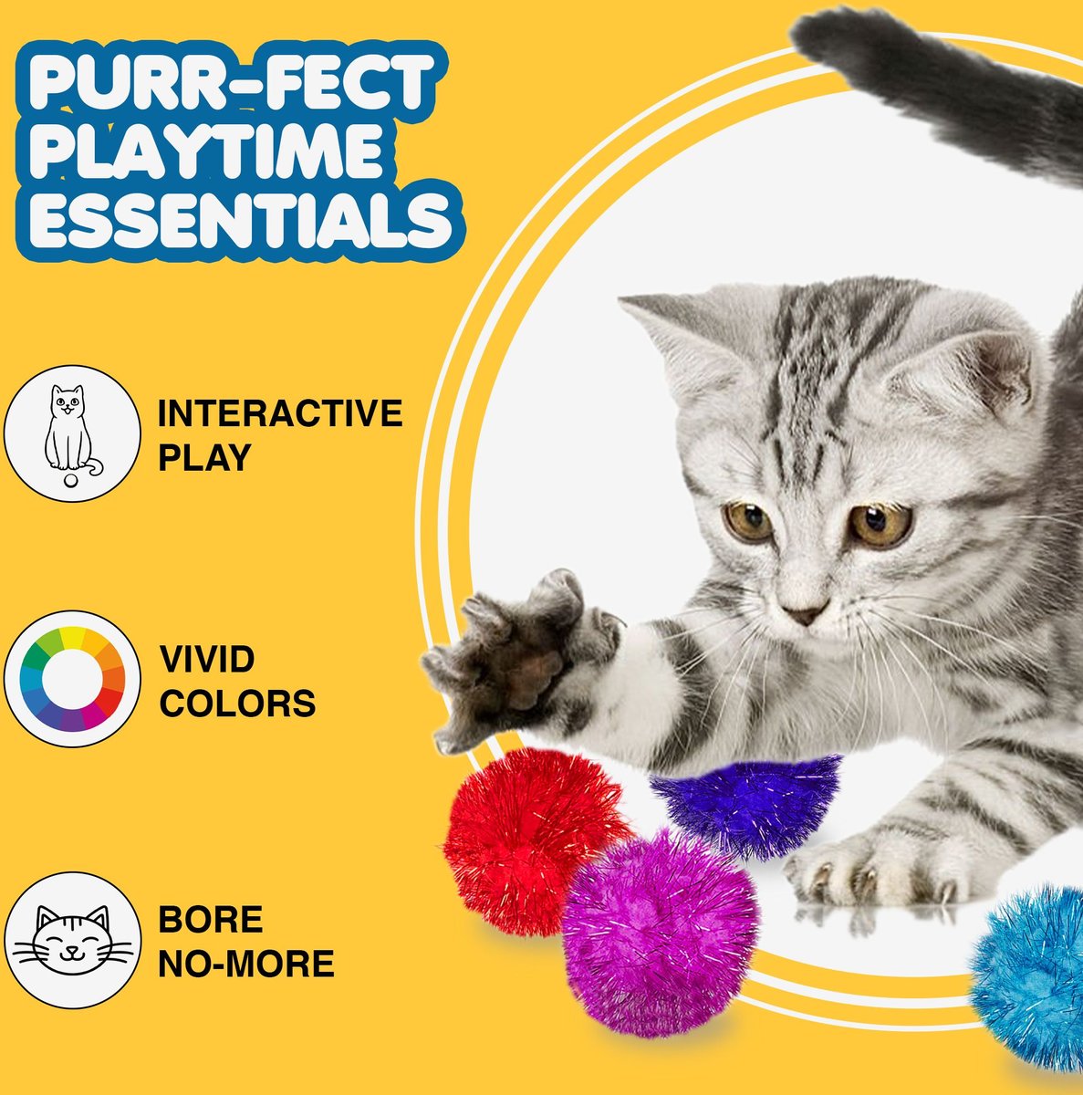 SUNGROW Cat Pom Pom Balls for Indoor, Interactive Fetch & Play Toy for