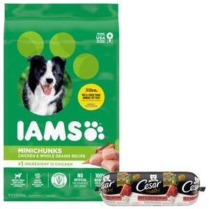 Iams Adult MiniChunks Small Kibble Dry Food + Cesar Fresh Chef Beef and Chicken Recipe with Peas and Carrots Refrigerated Food