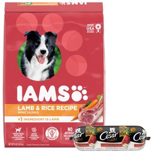Iams Minichunks Adult Lamb & Rice Recipe Dry Food + Cesar Fresh Chef Beef and Chicken Recipe with Peas and Carrots Refrigerated Dog Food
