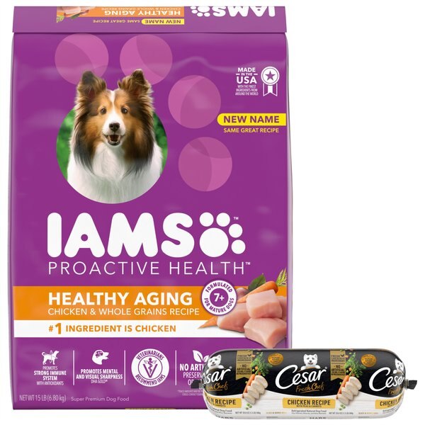 Iams ProActive Health Healthy Aging Dry Food + Cesar Fresh Chef Chicken Recipe with Peas and Carrots Refrigerated Dog Food slide 1 of 9