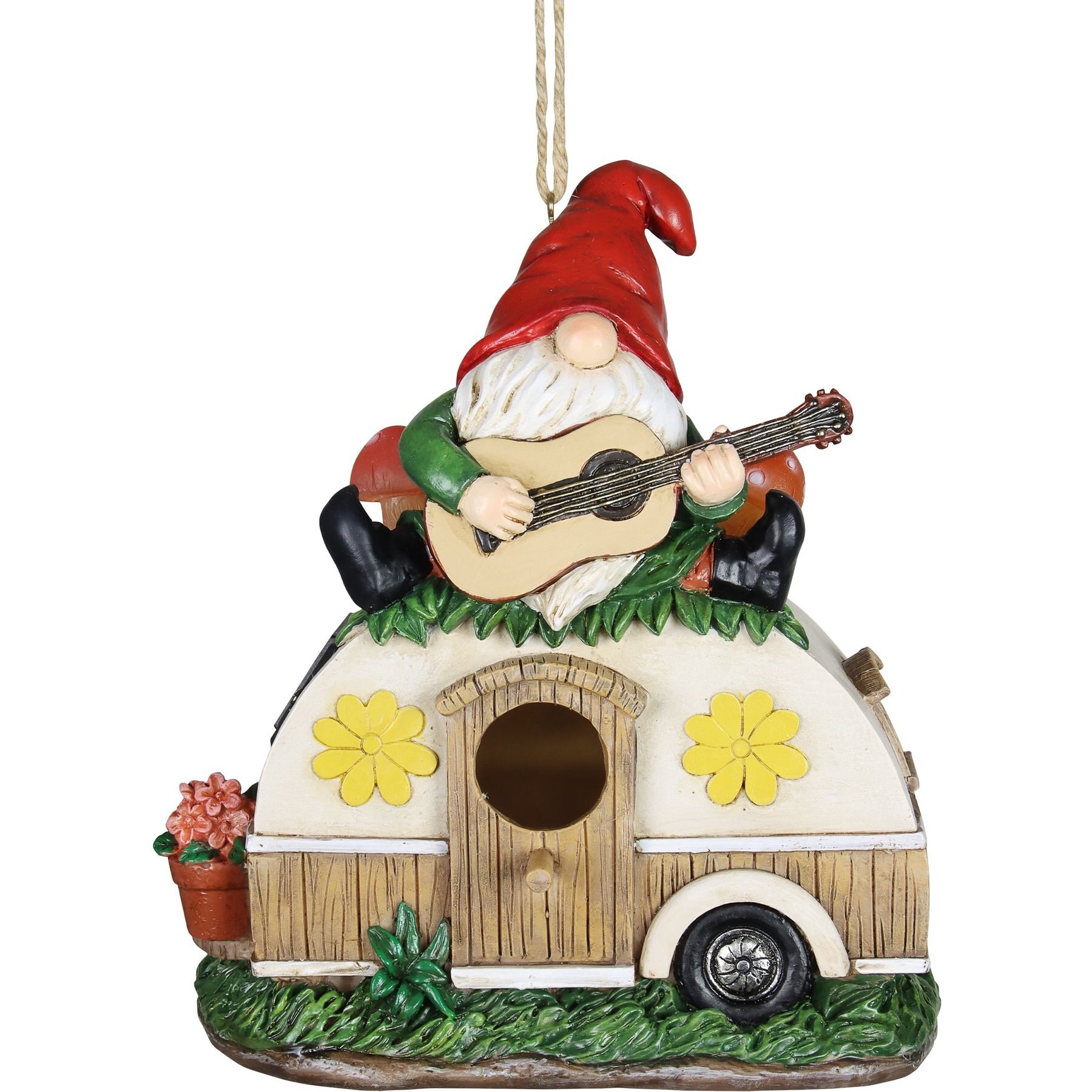 EXHART Solar Guitar Gnome on a Camper Hanging Bird House