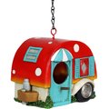 Exhart Hand Painted Hanging Camping Trailer Resin Bird House, Red/Blue