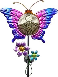 Exhart Solar Hand Painted Butterfly Metal Mesh Pellet Bird Feeder Garden Stake