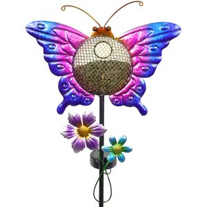 Exhart Solar Hand Painted Ladybug Metal Mesh Pellet Bird Feeder Garden Stake