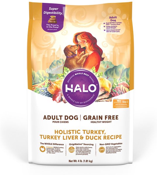 Halo Holistic Grain Free Turkey, Turkey Liver, & Duck Dog Food Recipe Healthy Weight Adult Dry Dog Food Bag, 4-lb bag slide 1 of 10