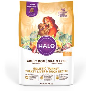 Halo Holistic Grain Free Turkey, Turkey Liver, & Duck Dog Food Recipe Healthy Weight Adult Dry Dog Food Bag, 4-lb bag