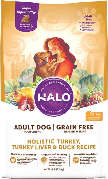 Halo Holistic Grain Free Turkey, Turkey Liver, & Duck Dog Food Recipe Healthy Weight Adult Dry Dog Food Bag, 14-lb bag slide 1 of 10
