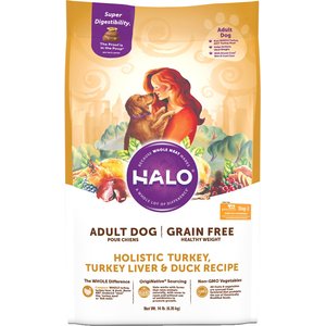Halo Holistic Grain Free Turkey, Turkey Liver, & Duck Dog Food Recipe Healthy Weight Adult Dry Dog Food Bag, 14-lb bag