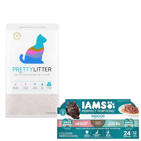 Iams Perfect Portions Indoor Tuna & Salmon Recipe Multipack Wet Food + PrettyLitter Cat Litter slide 1 of 9