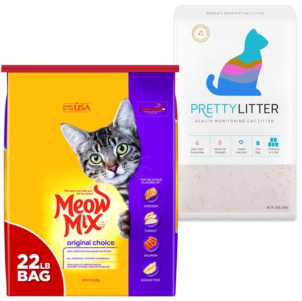 Meow Mix Original Choice Dry Food, 22-lb bag + PrettyLitter Cat Litter slide 1 of 9