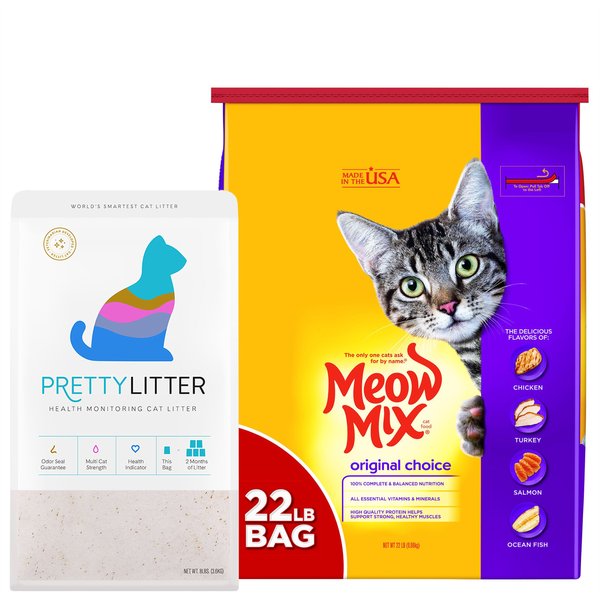 Meow Mix Tender Centers Salmon & White Meat Chicken Dry Food + PrettyLitter Cat Litter slide 1 of 9