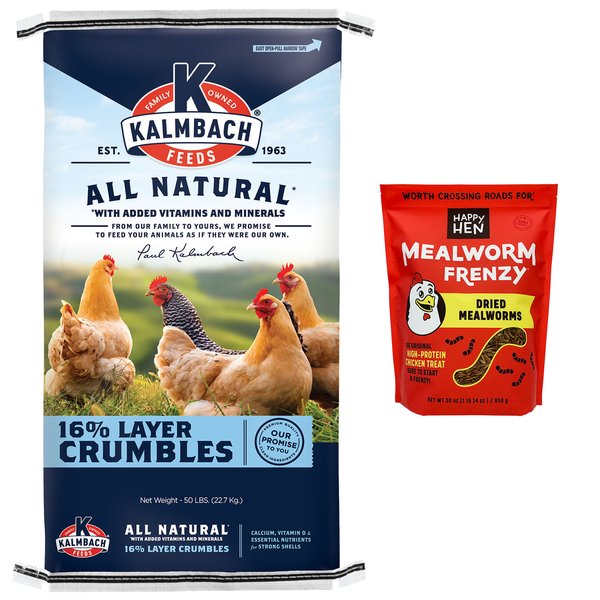 Kalmbach Feeds All Natural 16% Protein Layer Crumbles Chicken Feed, 50-lb bag + Happy Hen Treats Mealworm Frenzy Poultry Treats, 30-oz bag slide 1 of 7