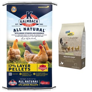 Kalmbach Feeds All Natural 17% Protein Layer Pellets Chicken Feed, 50-lb bag + FlockLeader Healthy Coop Poultry Supplement, 12-lb bag