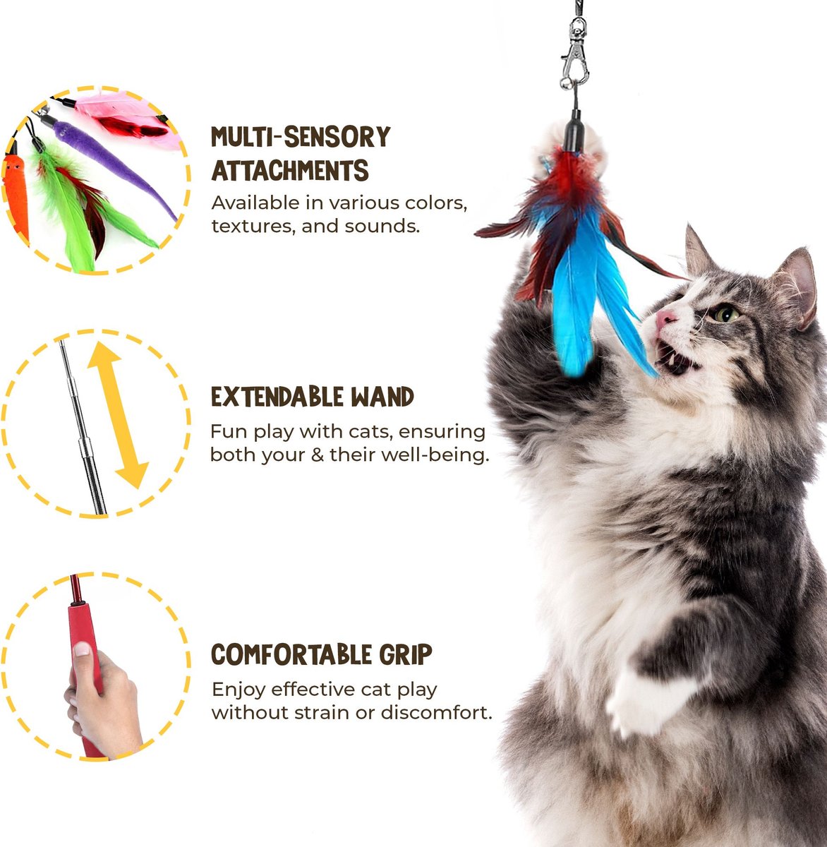 SUNGROW Feather Teaser Wand & Fishing Pole Interactive Toy for Indoor Cat &  Dog, 11 count 