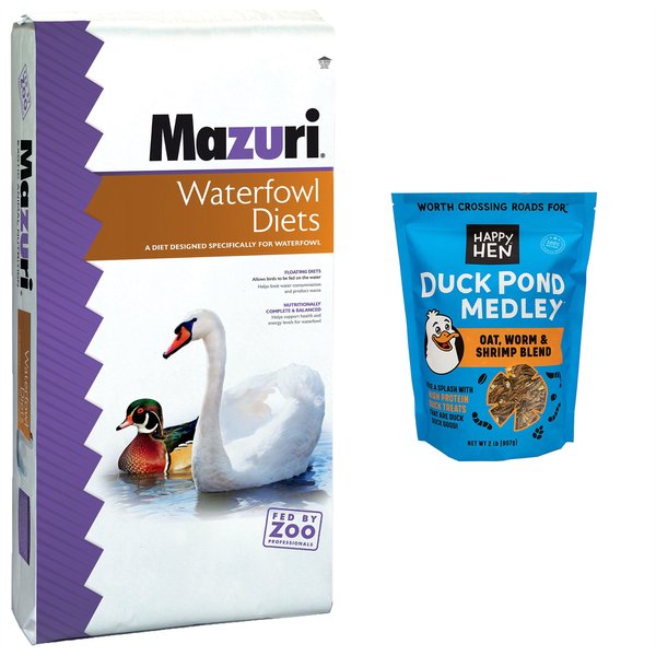 Mazuri Waterfowl Maintenance Duck & Geese Food, 50-lb bag + Happy Hen Treats Pond Medley Duck Treats, 2-lb bag slide 1 of 9