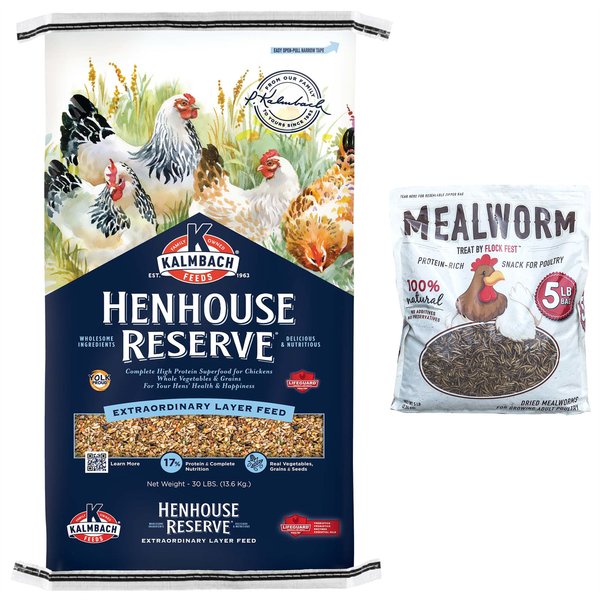 Kalmbach Feeds All Natural Henhouse Reserve Premium Layer Chicken Feed, 30-lb bag + Flock Fest Dried Mealworms Adult Poultry Treats, 5-lb bag slide 1 of 7