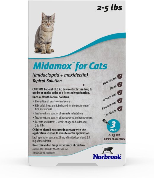 Midamox Topical Solution for Cats, 2-5 lbs (Teal Box), 3 Doses (3-mos. supply) slide 1 of 3