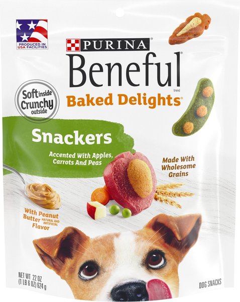 Purina Beneful Baked Delights Snackers with Apples, Carrots, Peas & Peanut Butter Dog Treats, 22-oz bag, bundle of 2 slide 1 of 11
