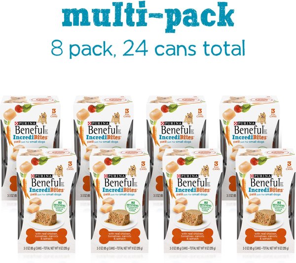 Purina Beneful Incredibites Pate with Real Chicken, Tomatoes, Carrots & Spinach Wet Dog Food, 3-oz can, case of 24, bundle of 2 slide 1 of 9