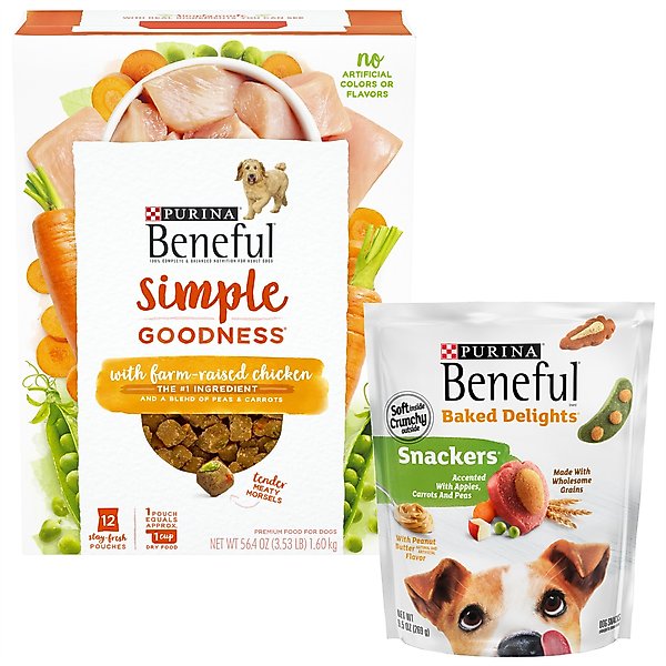 Purina Beneful Simple Goodness with Farm-Raised Chicken Dry Food + Baked Delights Snackers with Apples, Carrots, Peas & Peanut Butter Dog Treats slide 1 of 9