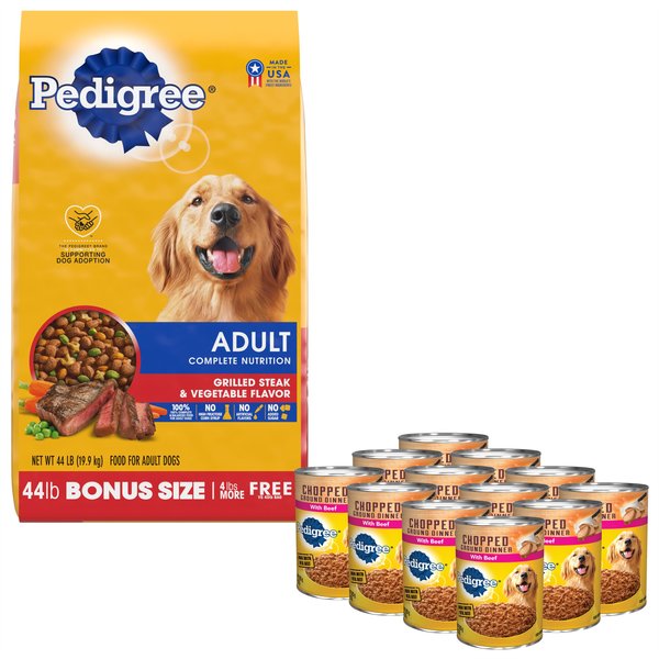 Pedigree Chopped Ground Dinner With Beef Canned Food + Complete Nutrition Grilled Steak & Vegetable Flavor Dry Dog Food slide 1 of 9