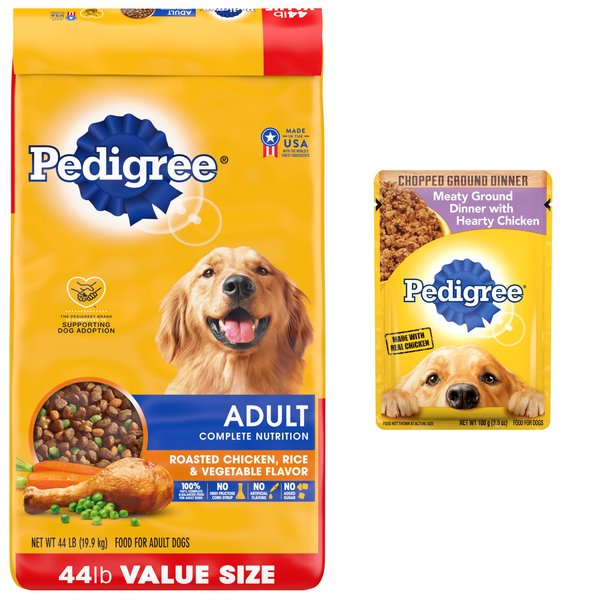 Pedigree Chopped Meaty Ground Dinner with Hearty Chicken Wet Food + Complete Nutrition Roasted Chicken, Rice & Vegetable Flavor Dry Dog Food slide 1 of 9