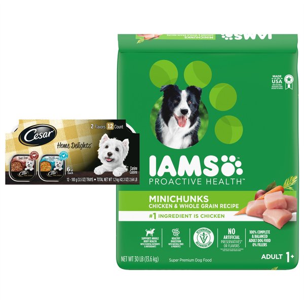 Cesar Home Delights Slow Cooked Chicken & Vegetables & Beef Stew Variety Pack Food Trays + Iams MiniChunks Small Kibble Dry Dog Food slide 1 of 9