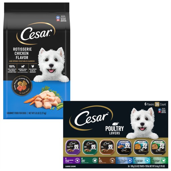 Cesar Rotisserie Chicken Flavor & Spring Vegetables Garnish Dry Food + Poultry Lover's Variety Pack Wet Dog Food slide 1 of 9