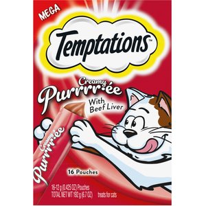 Temptations Creamy Puree with Beef Liver Lickable, Squeezable Cat Treat, 12-gram pouch, 16 count