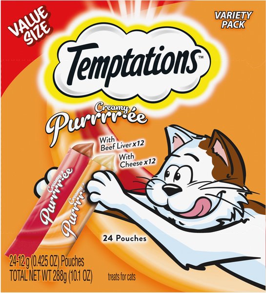 Temptations Creamy Puree with Beef Liver & Cheese Variety Pack Lickable Cat Treats, 12-gm pouch, 24 count slide 1 of 10