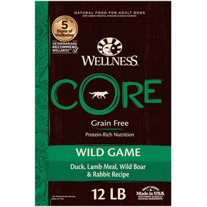 Wellness CORE Grain-Free Wild Game Duck, Lamb Meal, Boar & Rabbit Recipe Natural Dry Dog Food, 12-lb bag