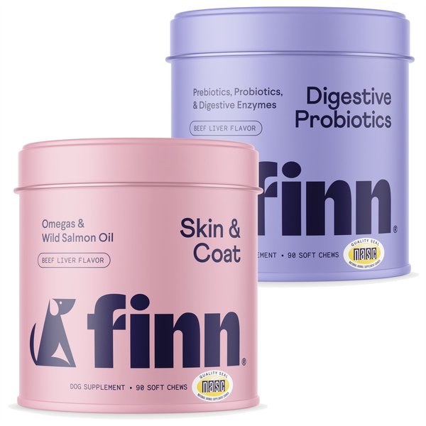 Finn Digestive Prebiotic & Probiotic, 90 count + Skin & Coat Wild Alaskan Salmon Oil Dog Supplement, 90 count slide 1 of 9