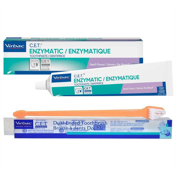 Virbac C.E.T. Enzymatic Beef Flavor Toothpaste, 2.5-oz (70 g) tube + Dual-Ended Dog & Cat Toothbrush slide 1 of 6