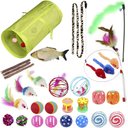 SunGrow Enrichment Toys for Cat & Ferret, Variety Pack with Crinkle, Mice & Bell Balls, Scratcher, Tunnel & Teaser Wand, 30 Count